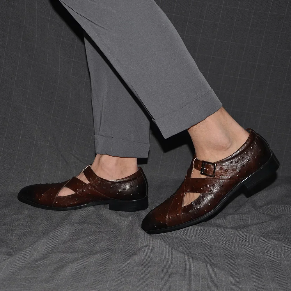 Sandals Men Rome Style Genuine Cow Leather Summer Buckle Strap Hollow Out Casual Business Wedding Dress Open