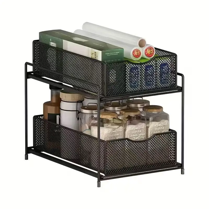 1 double-layer pull-out storage rack, sink storage box, double-layer storage basket, suitable for kitchen, bathroom, living room