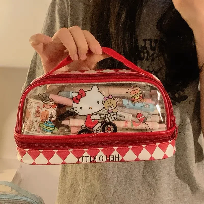 

Мультяшный карандаш Hello Kitty, стильная мультяшная серия Sanrio Kuromi, большая емкость, двухслойная Многофункциональная портативная сумка для ручек, детский подарок
