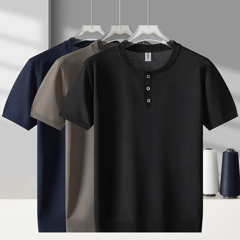 

2024 Men Summer New Fashion Short-sleeved Knit T-shirt Men's Ice Silk Thin Tops Tees Male Solid Color Sweater T Shirts D339