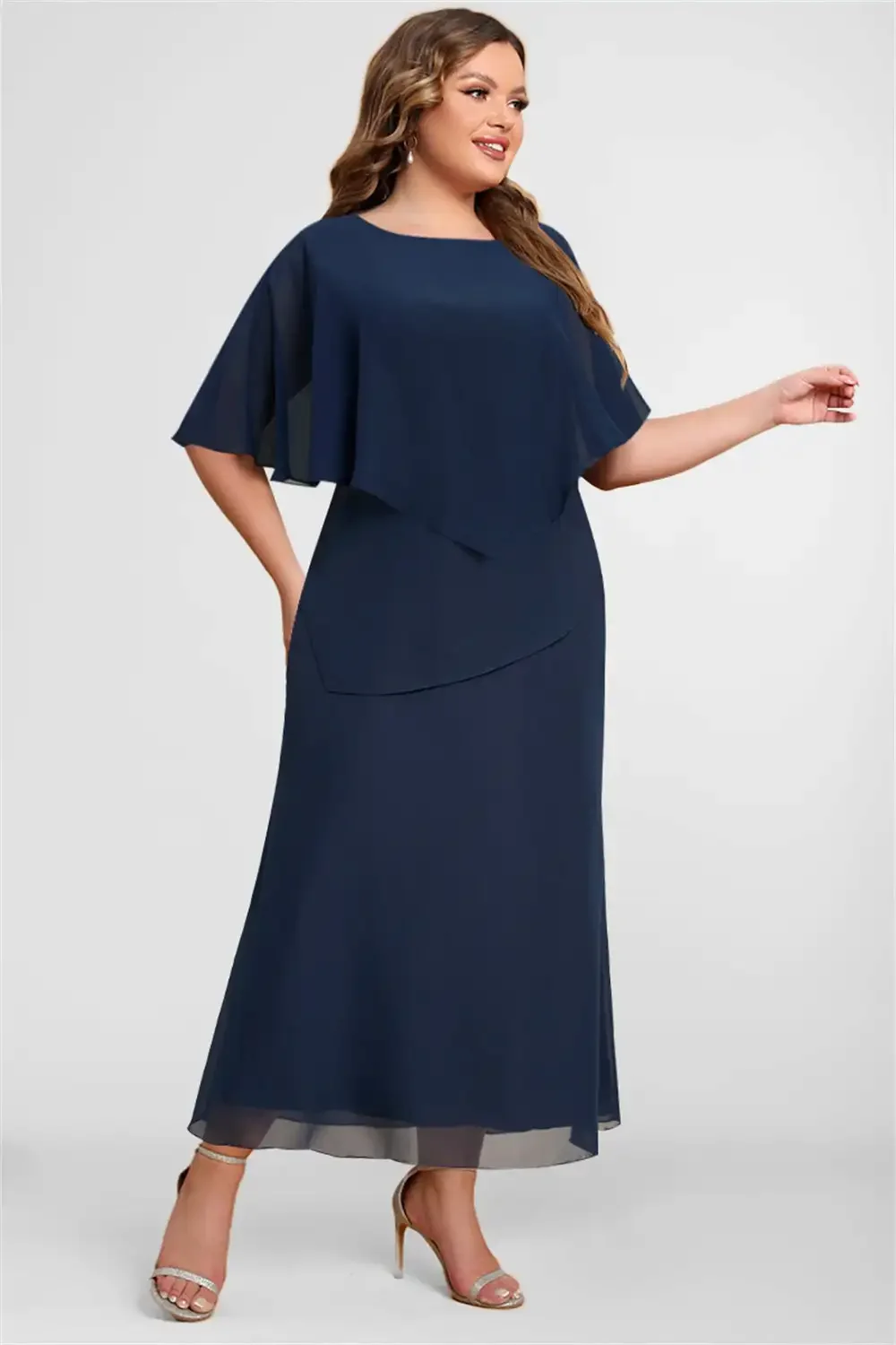 

Plus Size Dress Mother Of The Bride Navy Blue Chiffon Casual Slim Waist Asymmetrical Batwing Sleeve Fake Two Pieces Maxi Dress