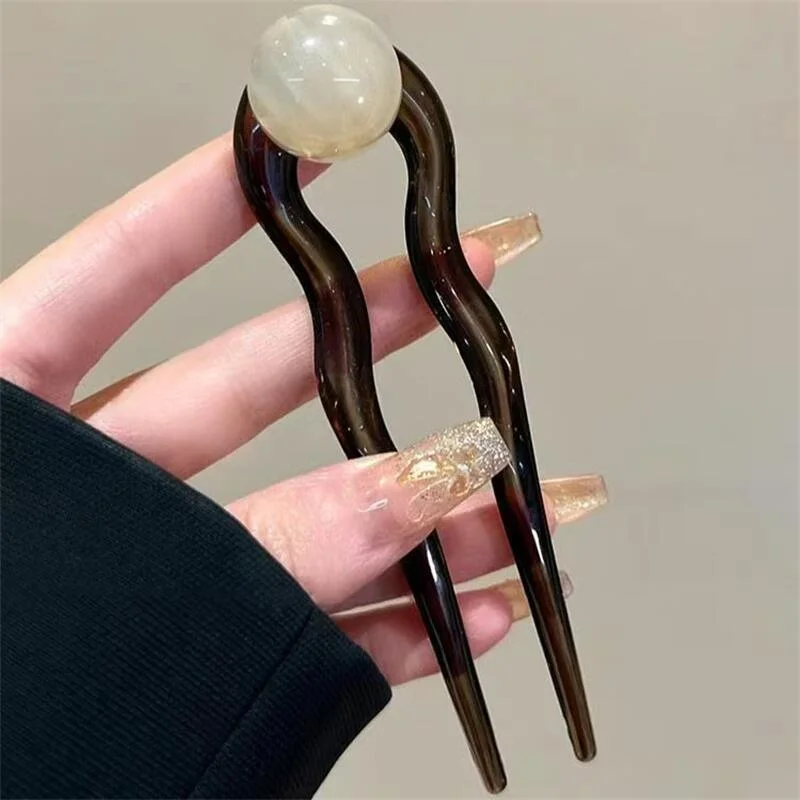 패션 컬러 진주 U 자형 헤어 스틱 머리핀 헤어 포크 번 달콤한 유행 아크릴 헤어 클립 여성용 헤어 액세서리