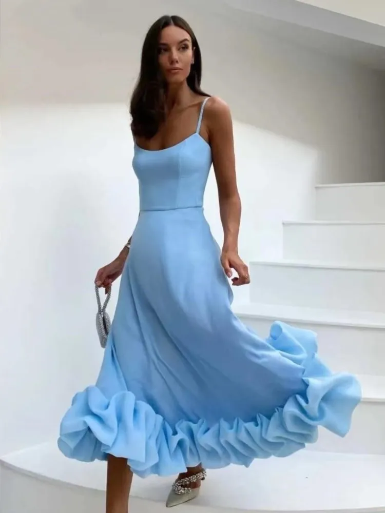

Sleeveless Backless A-line Dresses Lady Chic Banquet Party Robe Solid Elegant Rose Pleated Spaghetti Strap Dress Women Fashion