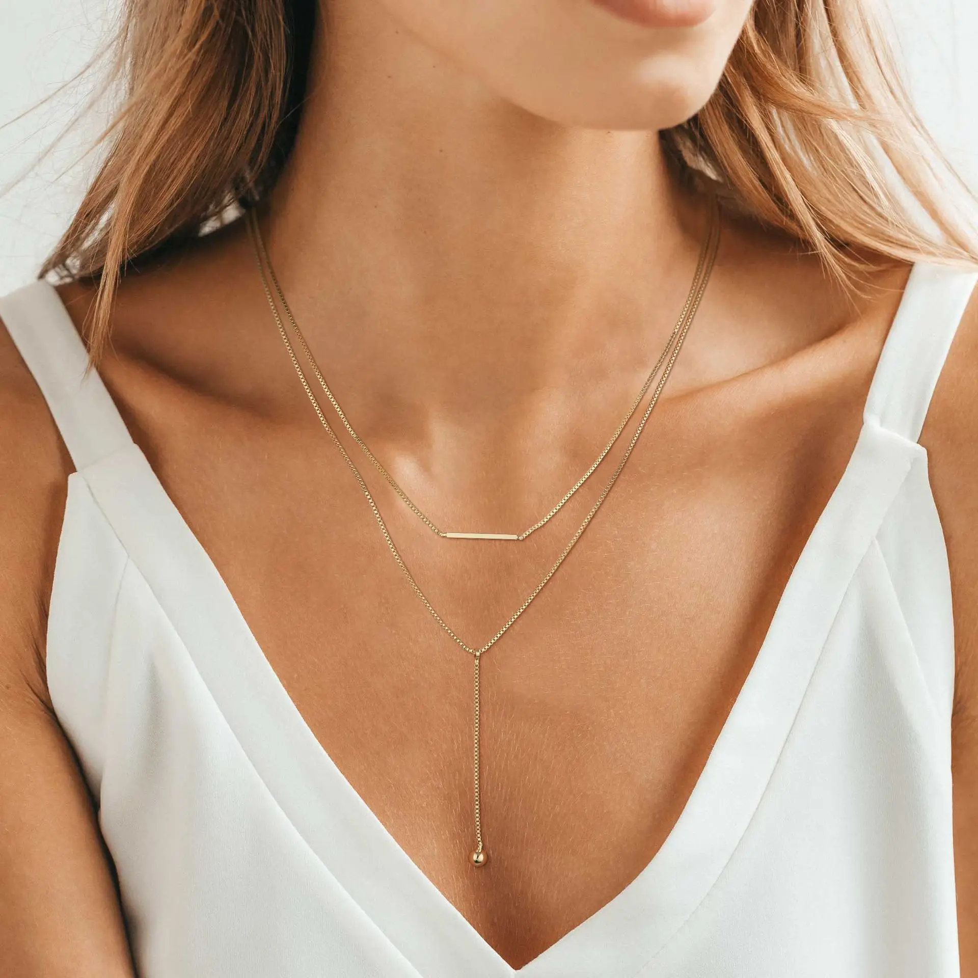 Lariat Gold Necklace model wearing