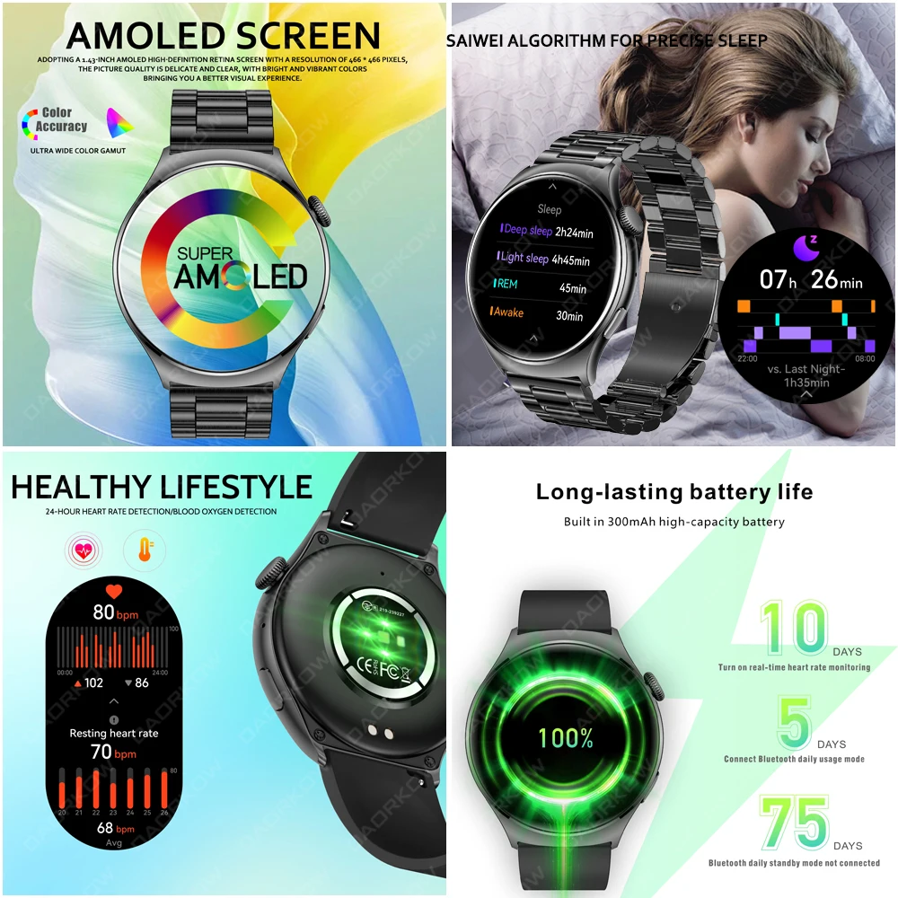 2024 진짜 AMOLED 스마트 워치 남녀공용, 1.43 인치 1ATM 방수 스포츠 시계 화면, 항상 시간 표시, 음성 통화 스마트워치