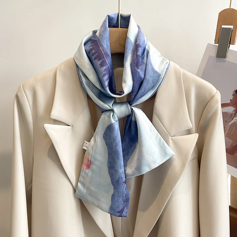 Frauen Seide Gefühl Gedruckt Design Schal Schal Mode Luxus Lange Schmale Kleine Seide Schals Damen Stirnband Kopftuch taschen wickeln – Detail 22
