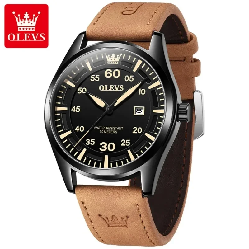 OLEVS Men's Watch Luxury Brand Quartz Movement Sports Leather Watch Waterproof Luminous Calendar 43MM Dial Large Watch