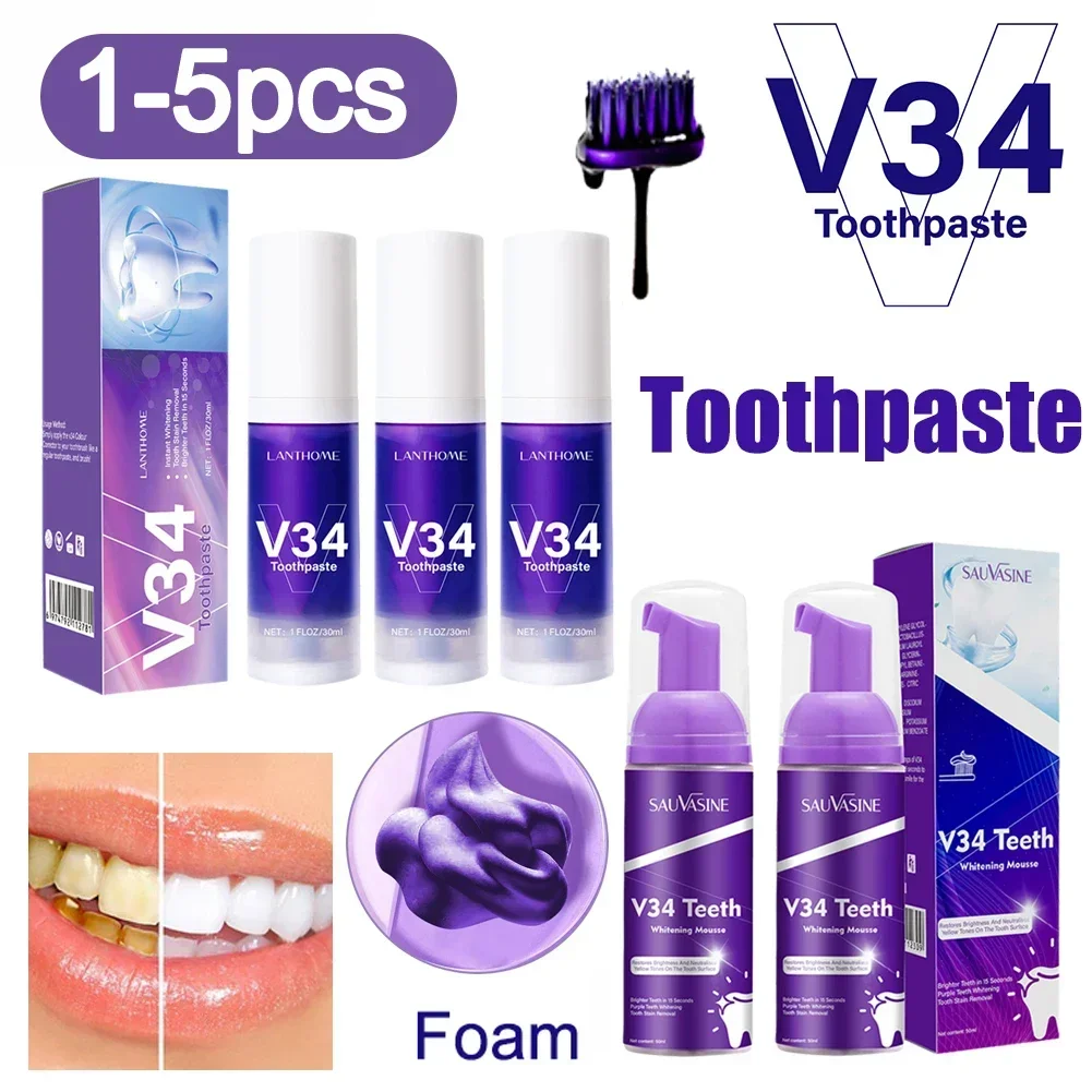 V34 Colour Corrector Teeth Whitening Toothpaste Oral Cleaning Repair Fresh Breath Remove Stain Adult Oral Care Ingredient Safety