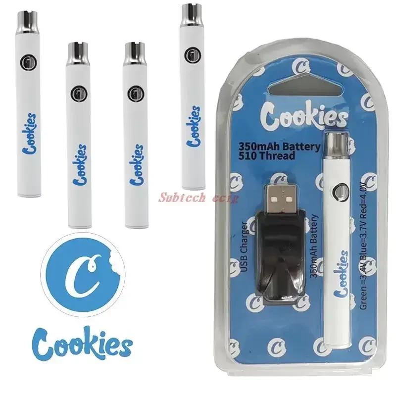

5pcs Cookies Vape Battery 510 Thread Batteries Charger Kits Preheating Vapes Pen 350mah VV Variable Voltage Adjustable Battery