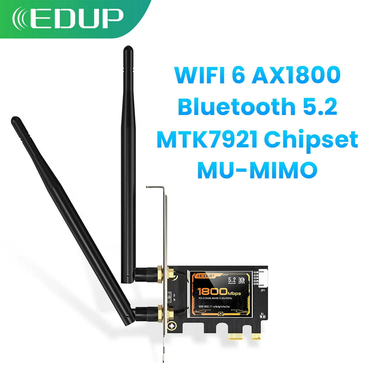 EDUP 9655 AX1800 WiFi6 Bluetooth 5.2 carte réseau PCI-E adaptateur de jeu de puces puissant avec 2 antennes 6dBi pour Windows 10 et Linux
