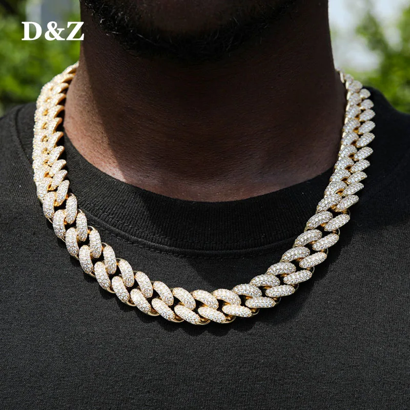 

D&Z New 15mm Prong Cuban Link Chain Iced Out Cubic Zirconia Stones Gold Plated Brass Material Hip Hop Jewelry Gift For Man