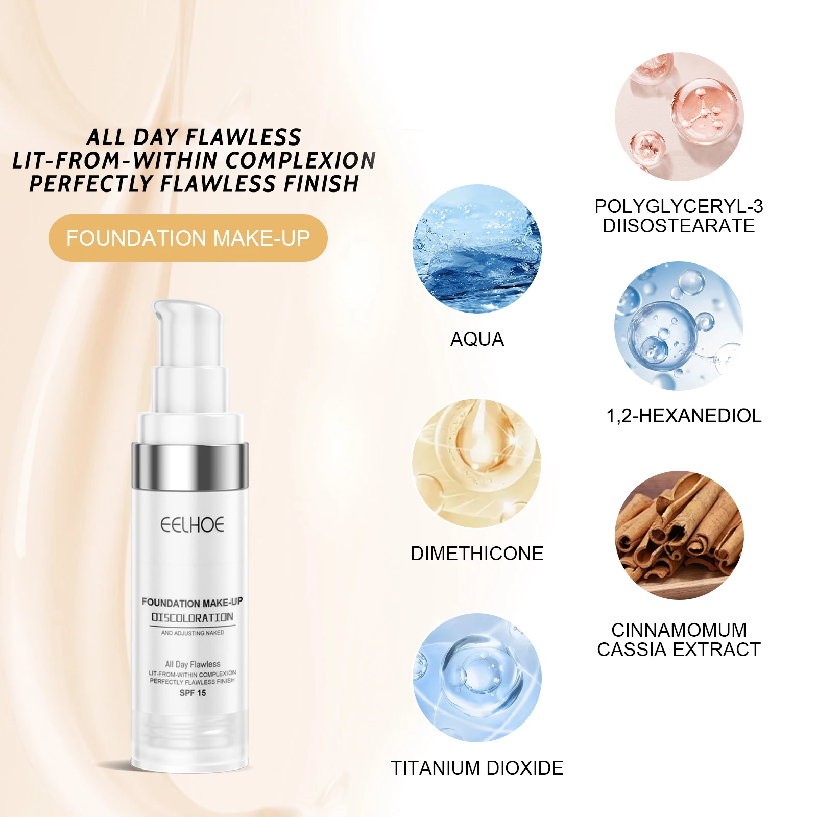 Liquid Foundation Color Changing Long-Lasting Hydrating Transfer-Proof Skin Tone Adjust Brightening 30ml
