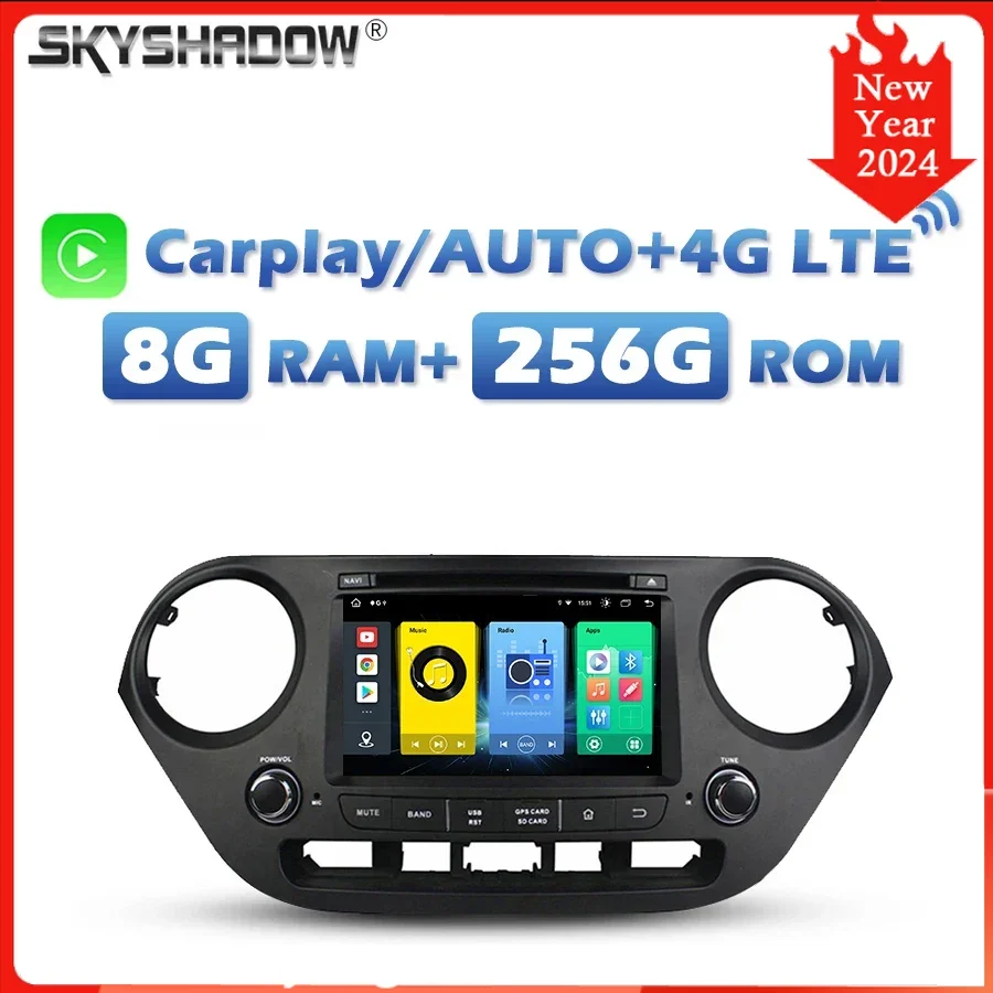 

4G SIM DSP IPS Carplay Auto Android 13.0 8G+256G Car DVD Player GPS Map RDS Radio wifi Bluetooth 5.0 For Hyundai I10 2014-2017