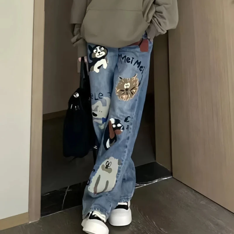 American Style Summer Jeans Women's High Waist Pockets Letter Printing Zipper Washing High Street Casual Wide Leg Straight Pants