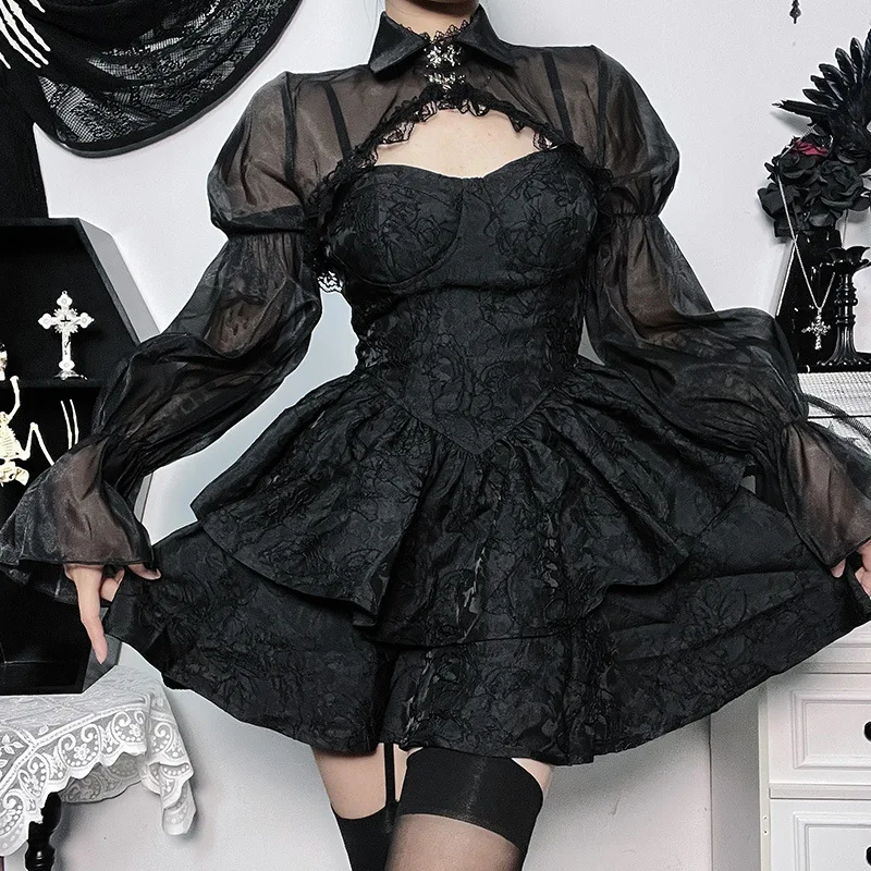 

Black Lace Sexy Gothic Shrug Cardigan Mini Tops Vintage Dark Magic Flare Sleeve Blouse Women Halloween Dress