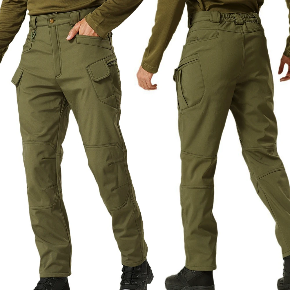 Men's Winter Pants Outdoor Windproof Waterproof Workwear Sharkskin Thick Tactical Trousers Fleece Warm Multi Pockets