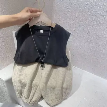 1-7Yrs 2Pcs Boys Girls Clothing Sets 2025 Summer Baby Cotton Clothes Gauze Loose Outerwear Children Camisole Pants Outfits Suits 1