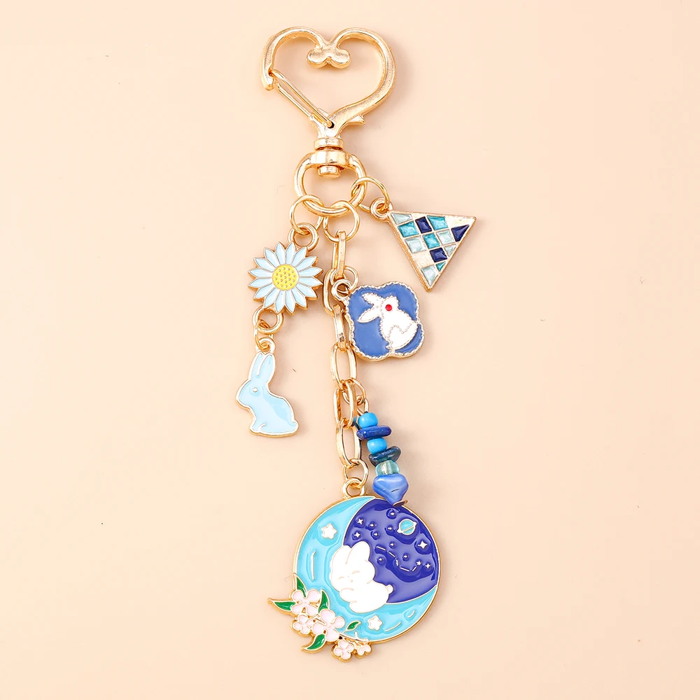Aihua Niedlicher Blau-Rosa Blumen-Kaninchen-Katzen-Schlüsselanhänger für Frauen und Mädchen, Blumen-Tier-Schlüsselring-Anhänger, Handtaschen-Charms, Schmuckgeschenke – Detail 4