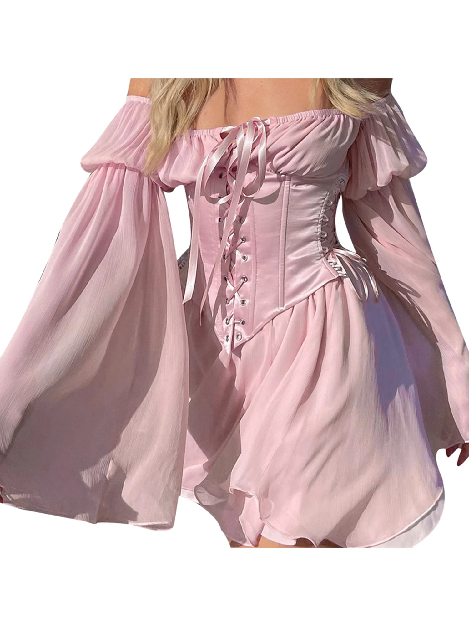 Damenmode Einfarbig Langarm One-Line Kragen Dünner Schnürrock Sommer Neue Mode Mesh Langarm Y2K Kleid – Detail 10