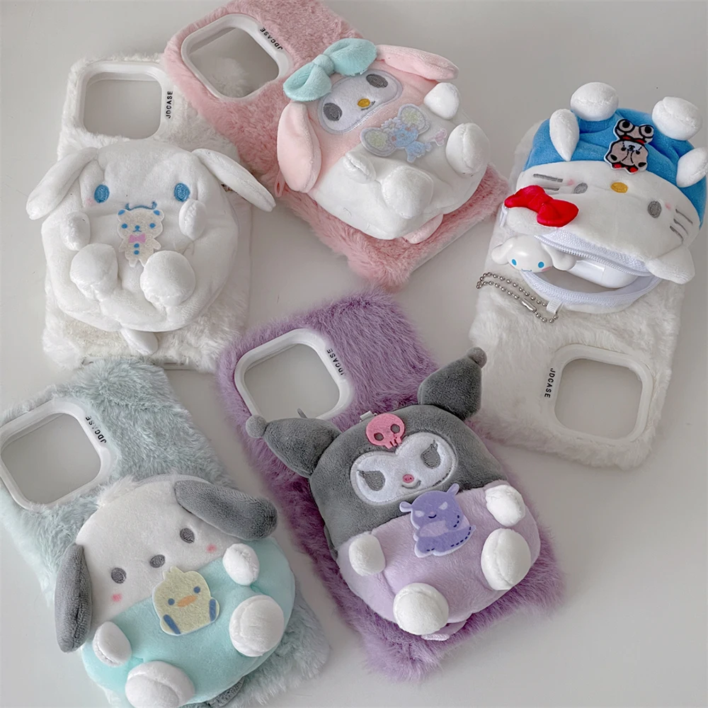 

Kawaii Sanrio 3D HelloKitty Cinnamoroll Plush Bring Coin Purse Phone Case for IPhone 15 14 13 12 11 Pro Max Anti-fall Back Cover