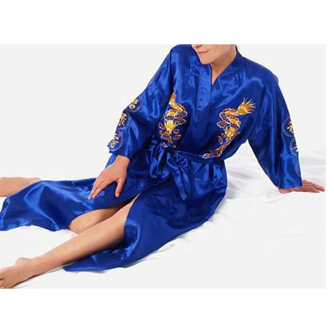 Oversized Size 3XL Chinese Women Silky Robe Nightgown Traditional Embroidery Dragon Kimono Bath Gown Sexy Sleepwear