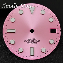 Sunburst Luminous Watch Dial with Hands - 28.5mm Dial Face for Automatic Movements, Single Calendar (Pink Dial)