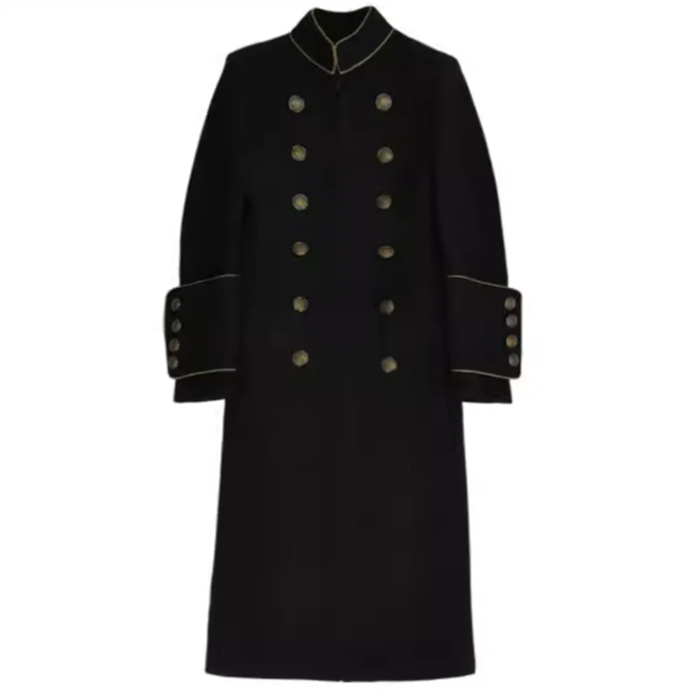 AutumnandwinterDoublebreastedblackslimwoolencoatstanding