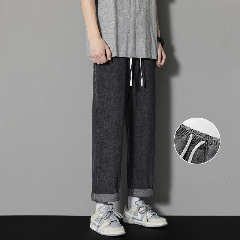 Spring New Fashion Trend Versatile Loose Straight Jeans Men's Solid Elastic Waist Drawstring Pocket Casual Wide Leg Casual Pants