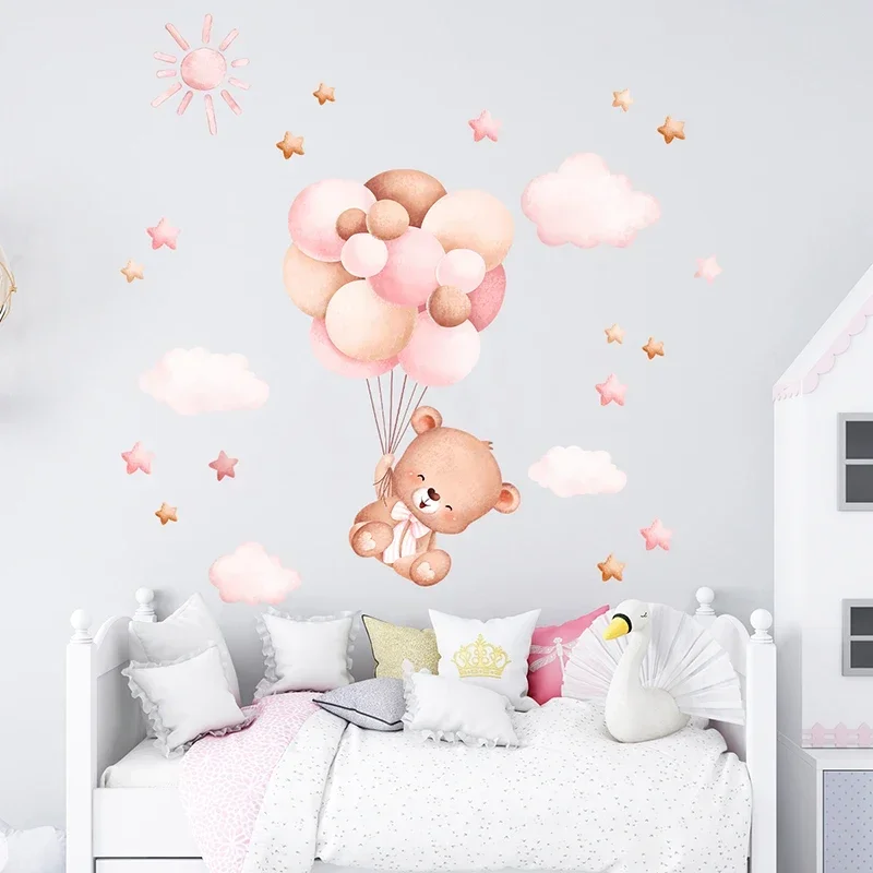 Wall Stickers Cartoon Cute Bear Balloon for Kids Room Living Room Baby Bedroom Decoration