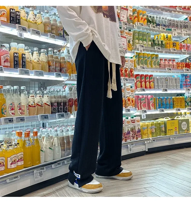 Description Picture 6 of itemMen High Street Sweatpants Fashion Loose Casual Side Slit Straight-Leg Pants Vintage Blue Jacquard Casual Bottoms Male Clothes