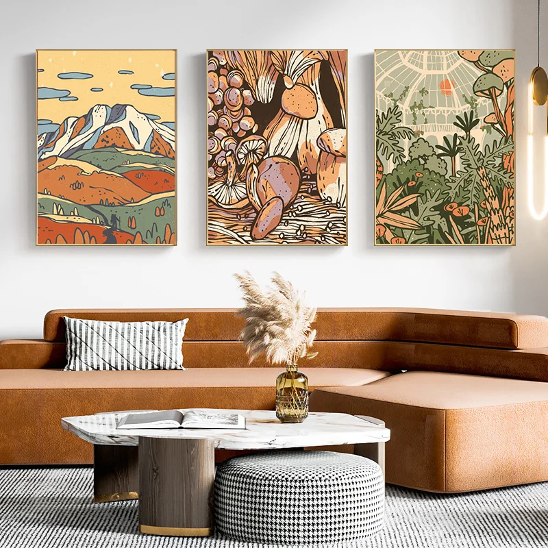 

Flowers Mushroom Landscape Canvas Picture with Frame Living Room Decor Wall Art Poster Prints Modern Abstract Colorful Picture