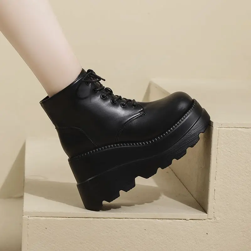 Women's 20cm Short  Boots Padded Heel High Heel Fall Winter Fashion Boots round Toe Rubber Outsole Waterproof PU Leather - 2