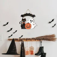 Halloween Decorative Wooden Sign with Black Cat, Pumpkin and Ghost - "Welcome" Design for Door Hanging 3