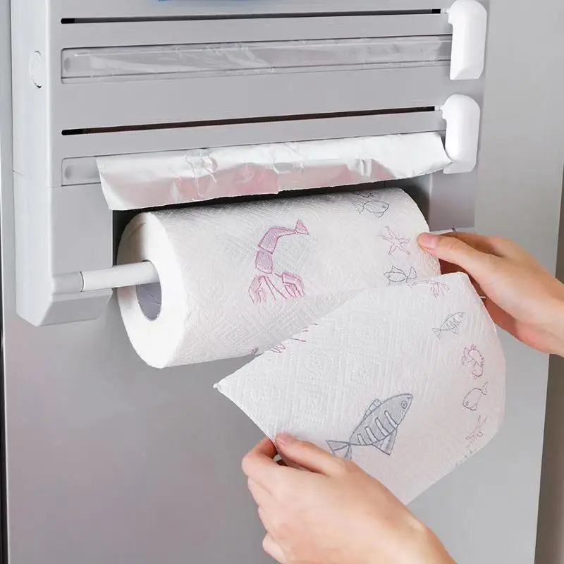 

6 in 1 Wall-Mount Towel Holder Sauce Bottle Cling Film Storage Rack With Blade Cutting Food Dispenser Foil Paper Towel Rack tool