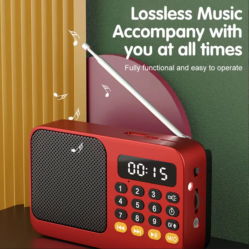 휴대용 충전식 디지털 FM USB TF MP3 플레이어 휴대용 라디오 음악 플레이어 스피커 장치 LED 디스플레이 라디오 포함