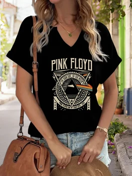 Women's V-Neck "Pink Floyd Dark Side of The Moon" Graphic Tee, Retro Rock Band Print T-Shirt, Casual Short Sleeve Top 1