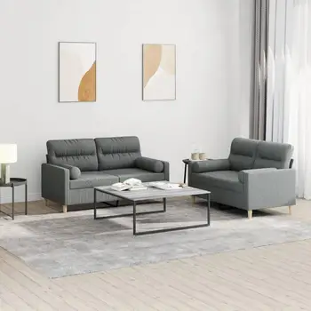 Set divano in tessuto grigio scuro con cuscini, 2 pezzi, comodi mobili da soggiorno 1