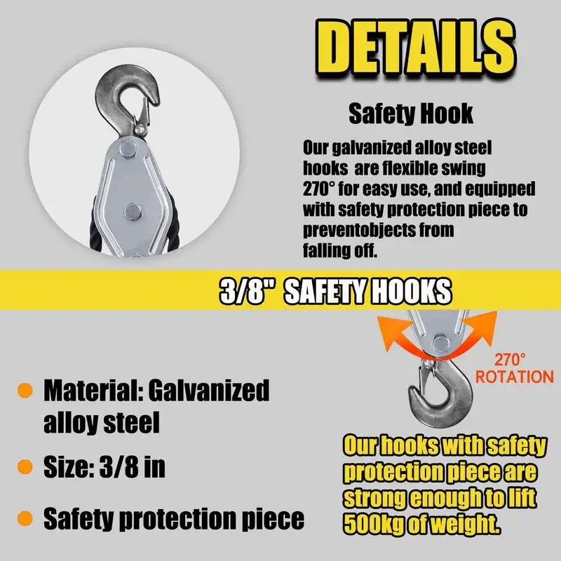 Block And Tackle 50 Ft 3/8 Rope Pulley Hoist With 5:1 Lifting Power Multifunctional Heavy Duty Pulley System With 2200 Lbs swivel pulley