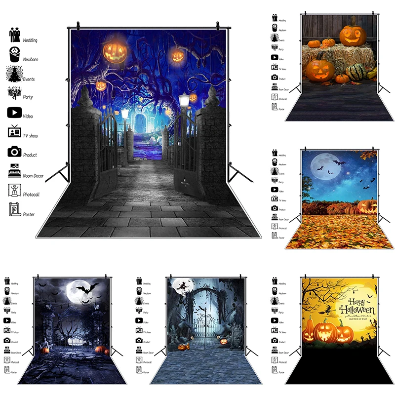 

Horror Halloween Photography Backdrop Iron Gate Pumpkin Castle Decoration Banner Kids Halloween Themed Birthday Party Background