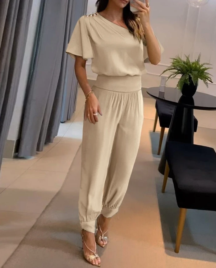 Women's Fashion Set 2024 Latest Elegant Bell Sleeves Ruched Asymmetric Necksleeves Short Sleeves Top&high Waist Cuffed Pants Set