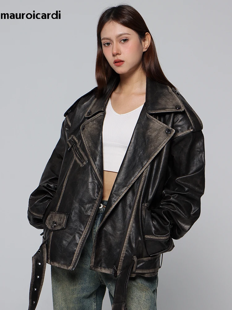 Mauroicardi Spring Cool Handsome Vintage Distressed Black Pu Leather Biker jacket Men Belt Zipper Loose Unisex Clothes 2024 2