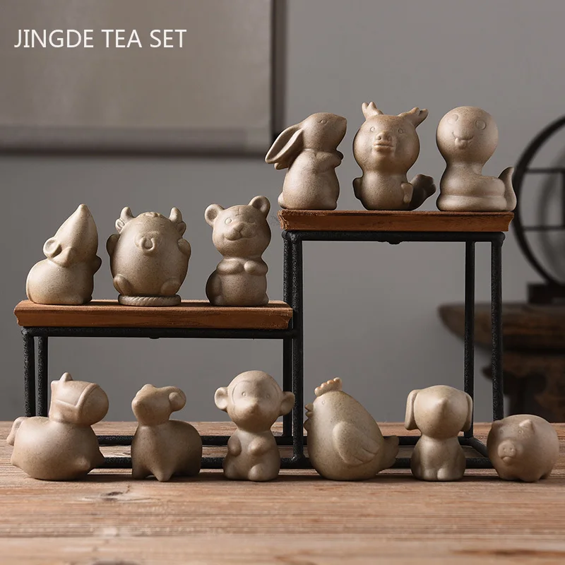 Tea Pet Ornaments Room Decor Statues 1Pc Crude Pottery Zodiac Tea Pet Ornaments Boutique Cute Mini Tea Figurine Pottery Set Decoration Table Accessories