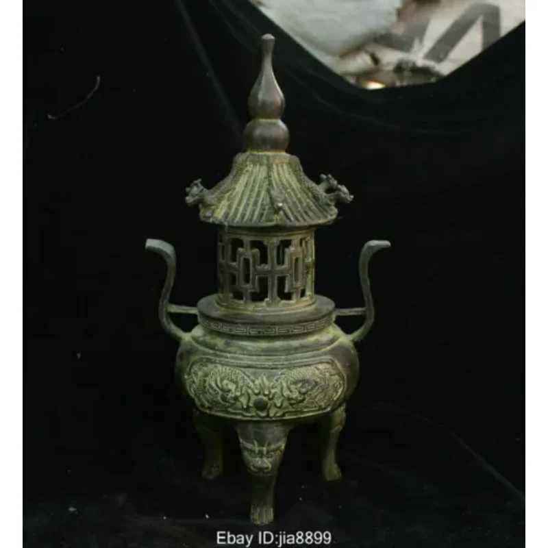 

Chinese Buddhism Temple Bronze Brass Dragon Beast Statue Incense Burner Censer 24CM