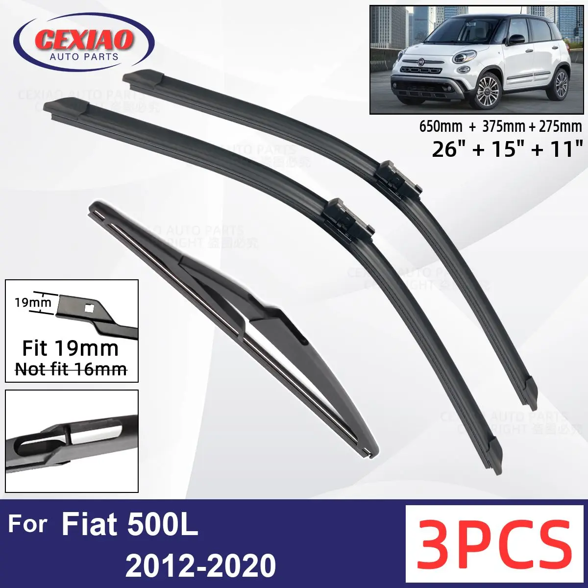 

For Fiat 500L 2012-2020 Car Front Rear Wiper Blades Soft Rubber Windscreen Wipers Auto Windshield 26"+15"+11"2016 2017 2018 2019