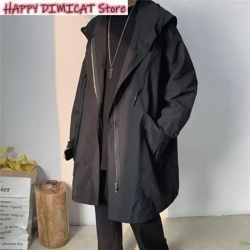 Men's Casual Hooded Jackets, Hip Hop Streetwear Coats, Black Overcoat, Harajuku Windbreaker, Male Outwear, New
