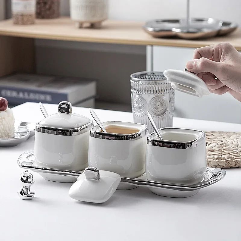 Nordic Light Monosodium Glutamate Seasoning Box Ceramic Kitchen Supplies Household Seasoning Pot with Lid Combination Set