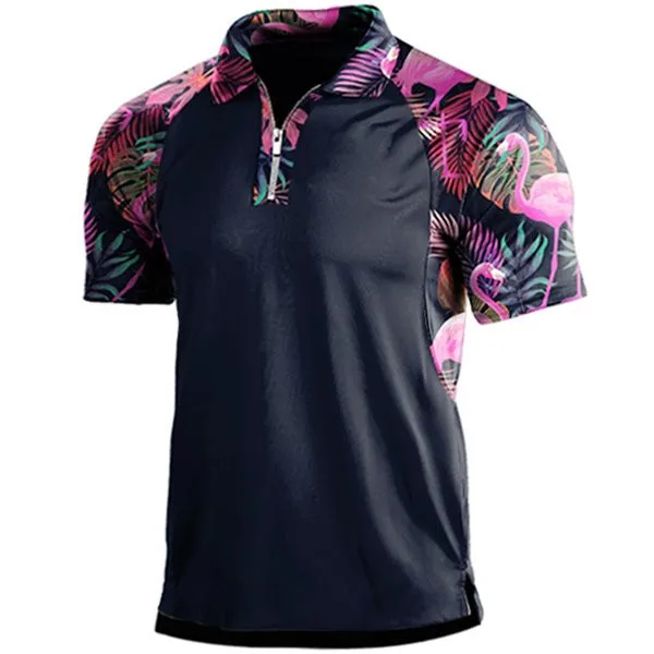 

Men's Hawaiian Beach Style Print Panel Zip Polo Shirt men-s-top Color 2