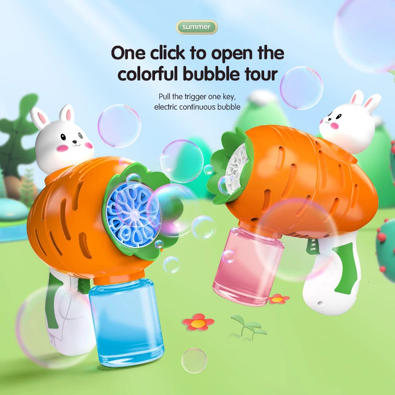 

Carrot Bubble Gun 12 Hole Automatic Soap Bubble Machine Cute Rabbit Gun with Light Launcher Blower Outdoor Toys for Kid Children