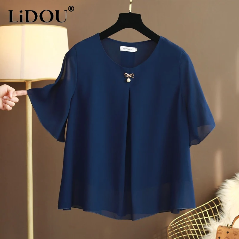 

Summer Solid Color Round Neck Embroidered Flares Short Sleeve Chiffon Shirt Women Fashion Loose Casual Korean Style Pleated Tops