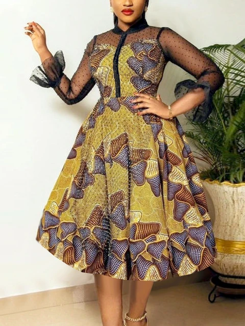 Yemi Long Sleeve Flared Print Dress